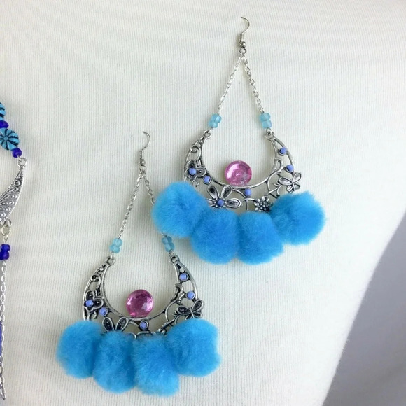 OOAK Artsy Wild Boho Statement Earrings Dangle Feathers Poms Handmade - Picture 4 of 5